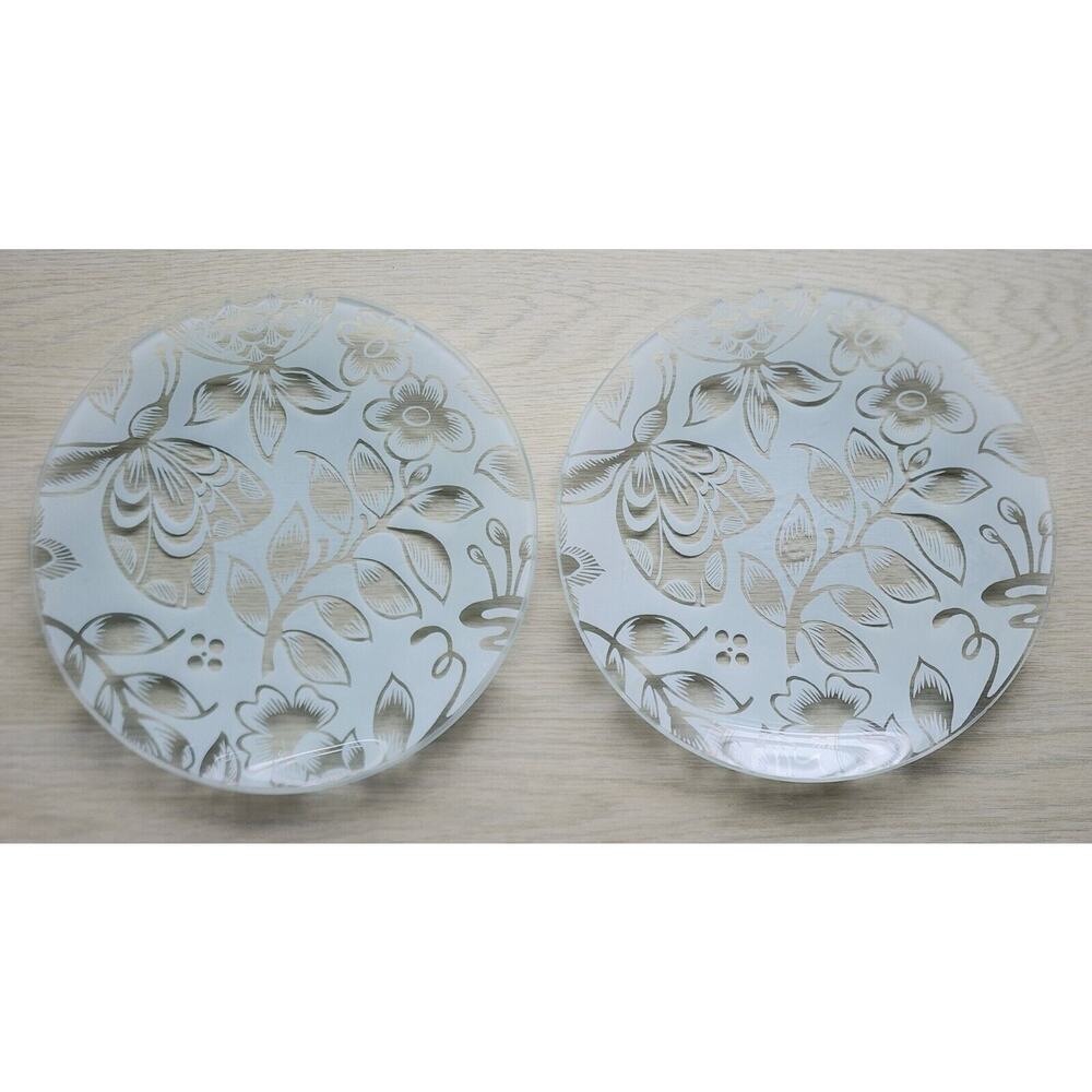 Plates-Frosted White-Clear Glass-Floral-Salad/Bread/Appetizer/Buffet-Set of 2